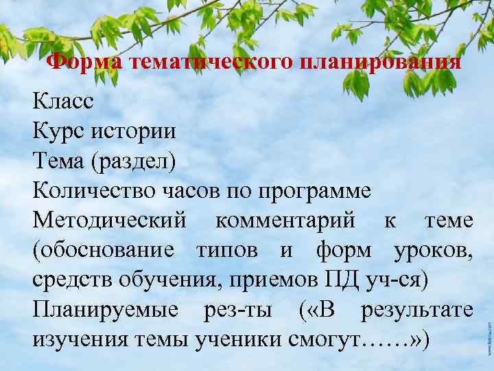 Форма тематического планирования Класс Курс истории Тема (раздел) Количество часов по программе Методический комментарий