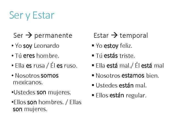 Ser y Estar Ser permanente • Yo soy Leonardo • Tú eres hombre. •