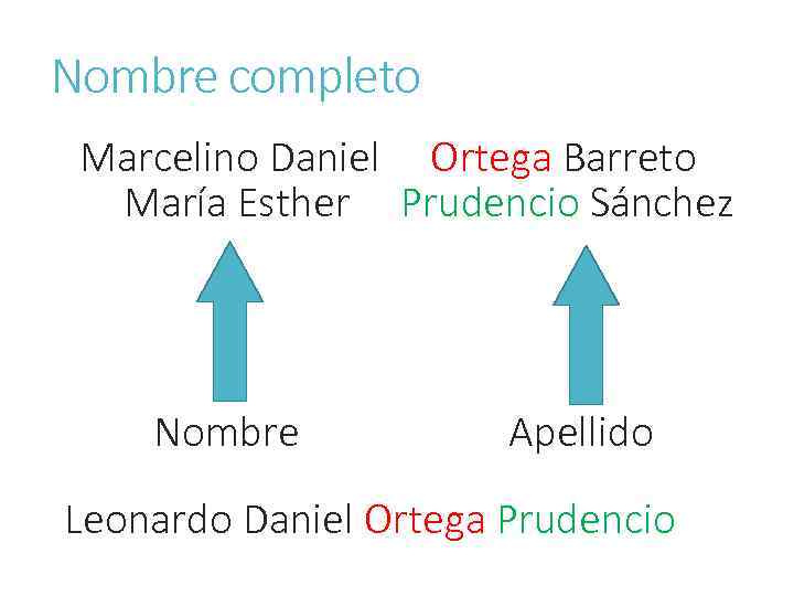Nombre completo Marcelino Daniel Ortega Barreto María Esther Prudencio Sánchez Nombre Apellido Leonardo Daniel