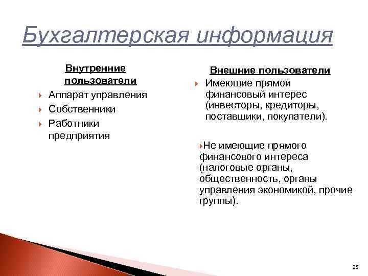 Бухгалтерская информация Внутренние пользователи Аппарат управления Собственники Работники предприятия Внешние пользователи Имеющие прямой финансовый