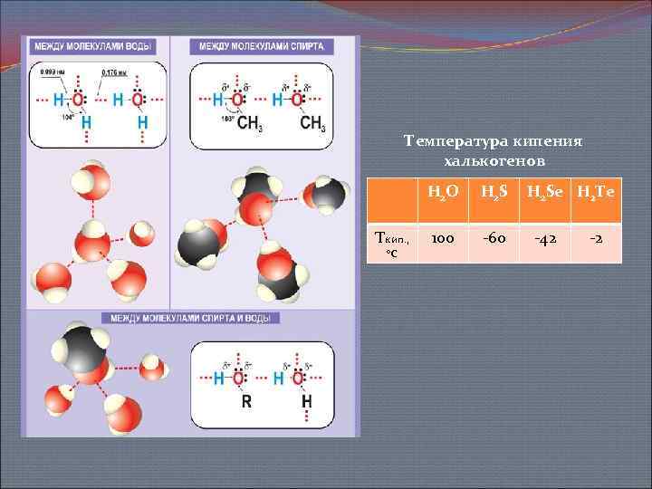 Температура кипения халькогенов Н 2 О Ткип. , °С H 2 S 100 -60