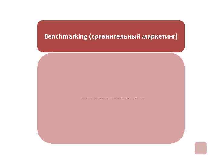 Benchmarking (сравнительный маркетинг) непрерывное совершенствование деятельности предприятия, повышение его конкурентоспособности на основании ориентации и