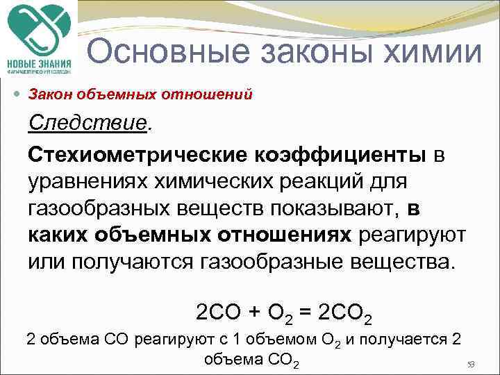 Основные законы химии Закон объемных отношений Следствие. Стехиометрические коэффициенты в уравнениях химических реакций для