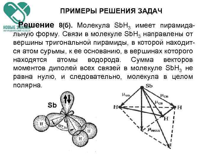 ПРИМЕРЫ РЕШЕНИЯ ЗАДАЧ Решение 8(б). Молекула Sb. H 3 имеет пирамида- льную форму. Связи