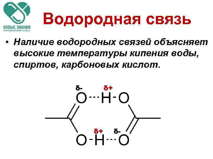 Водородная связь • Наличие водородных связей объясняет высокие температуры кипения воды, спиртов, карбоновых кислот.