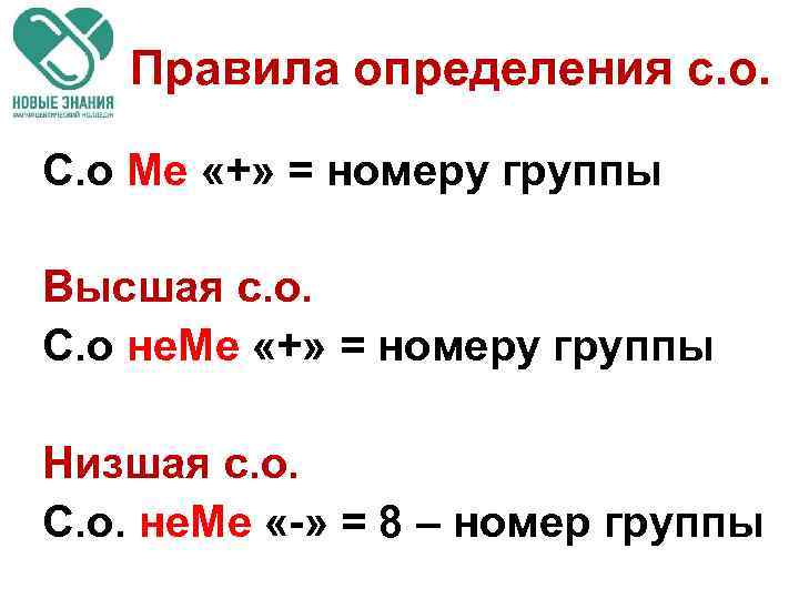 Правила определения с. о. С. о Ме «+» = номеру группы Высшая с. о.