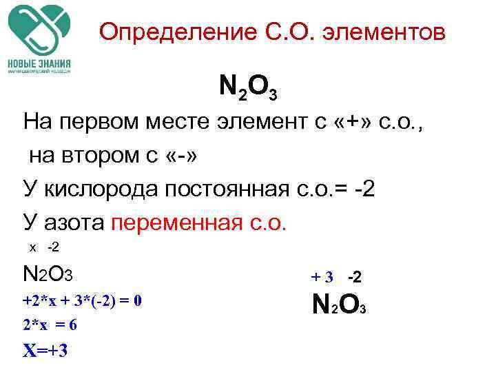 Определение С. О. элементов N 2 O 3 На первом месте элемент с «+»