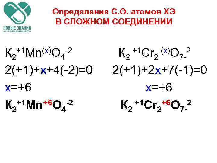 Определение С. О. атомов ХЭ В СЛОЖНОМ СОЕДИНЕНИИ К 2+1 Mn(х)O 4 -2 К