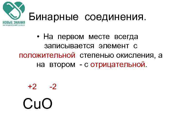 Бинарные соединения. • На первом месте всегда записывается элемент с положительной степенью окисления, а