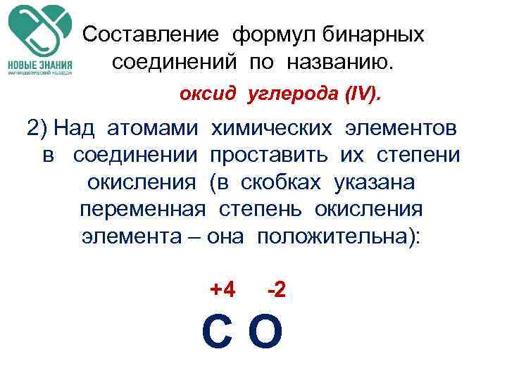 Составление формул бинарных соединений по названию. оксид углерода (IV). 2) Над атомами химических элементов