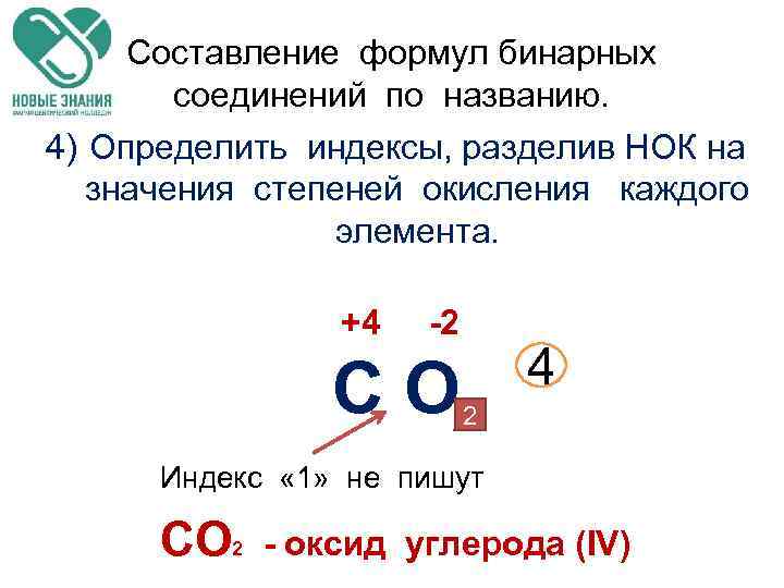 Составление формул бинарных соединений по названию. 4) Определить индексы, разделив НОК на значения степеней