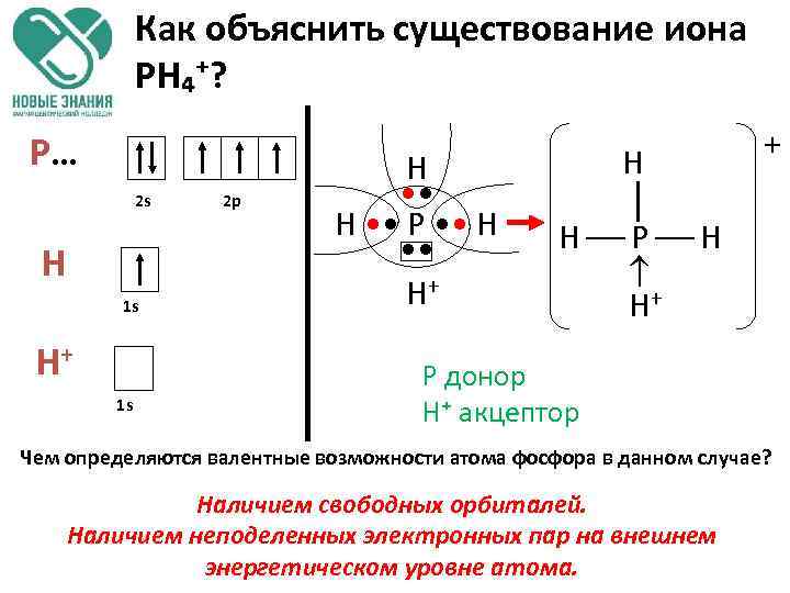 Как объяснить существование иона PH₄⁺? P… 2 s H 1 s H+ 1 s