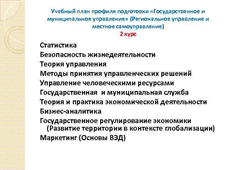 Учебный план профиля подготовки «Государственное и муниципальное управление» (Региональное управление и местное самоуправление) 2