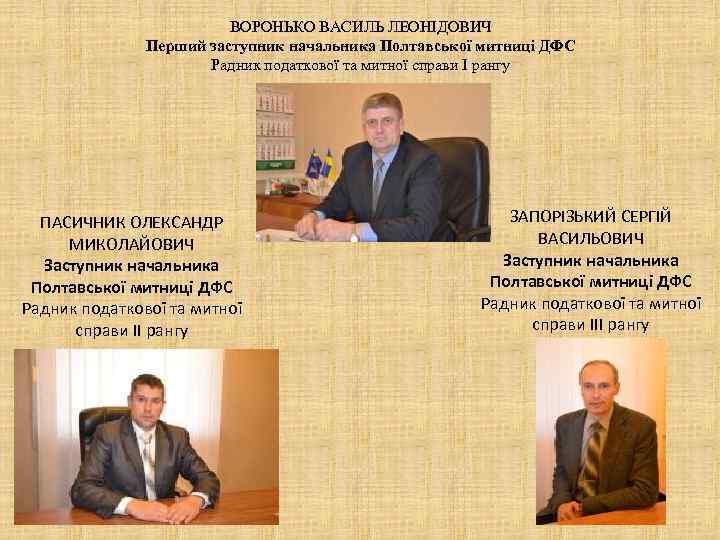 ВОРОНЬКО ВАСИЛЬ ЛЕОНІДОВИЧ Перший заступник начальника Полтавської митниці ДФС Радник податкової та митної справи