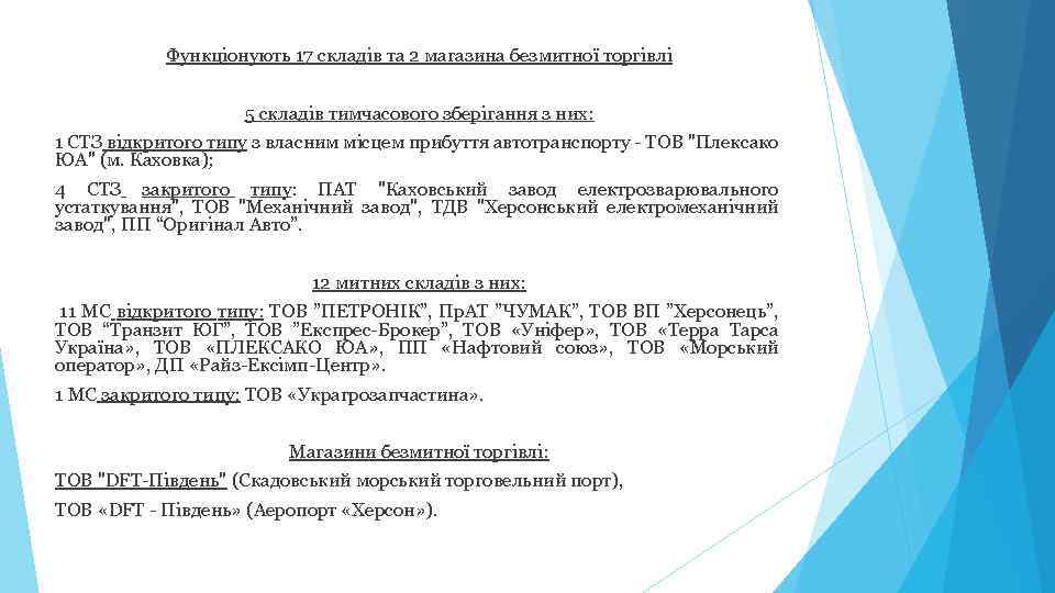 Функціонують 17 складів та 2 магазина безмитної торгівлі 5 складів тимчасового зберігання з них: