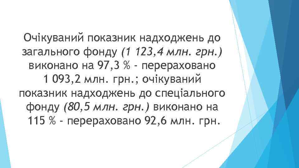 Очікуваний показник надходжень до загального фонду (1 123, 4 млн. грн. ) виконано на