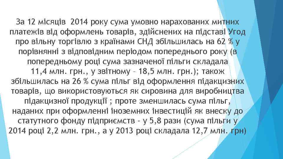 За 12 місяців 2014 року сума умовно нарахованих митних платежів від оформлень товарів, здійснених