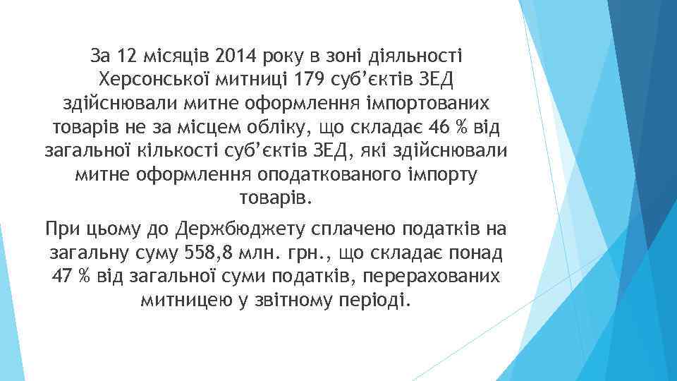 За 12 місяців 2014 року в зоні діяльності Херсонської митниці 179 суб’єктів ЗЕД здійснювали