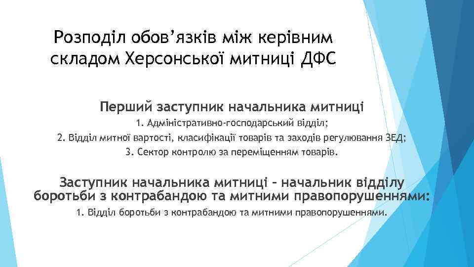 Розподіл обов’язків між керівним складом Херсонської митниці ДФС Перший заступник начальника митниці 1. Адміністративно-господарський