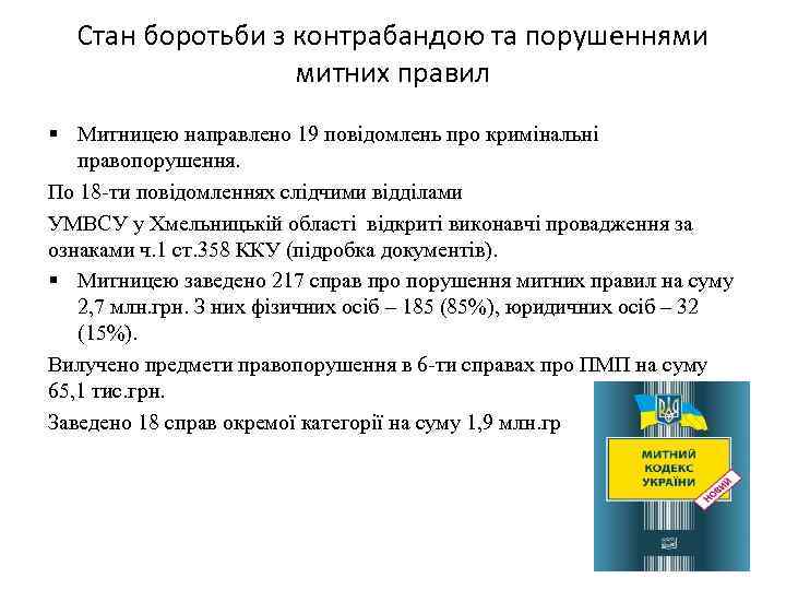Стан боротьби з контрабандою та порушеннями митних правил § Митницею направлено 19 повідомлень про