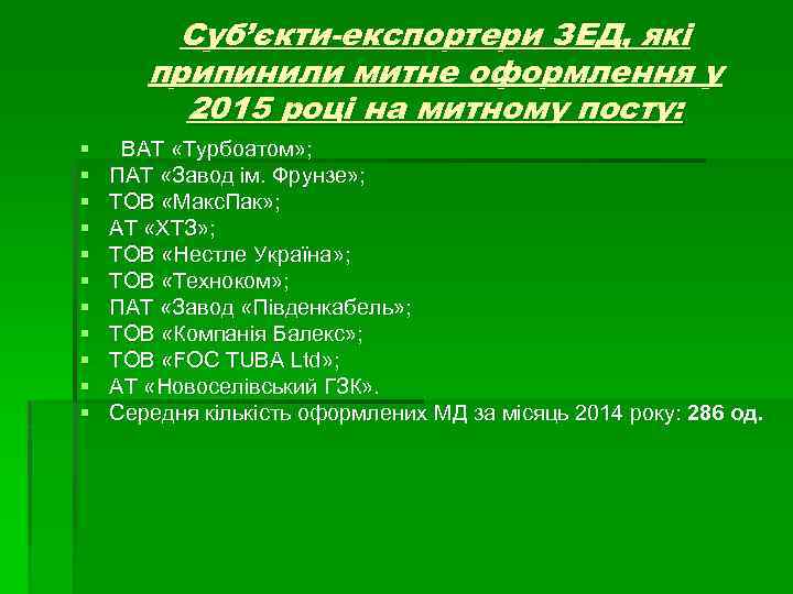 Суб’єкти-експортери ЗЕД, які припинили митне оформлення у 2015 році на митному посту: § §