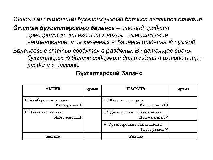 Основным элементом бухгалтерского баланса является статья. Статья бухгалтерского баланса – это вид средств предприятия