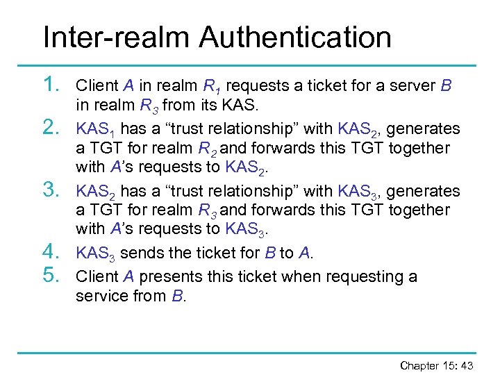 Inter-realm Authentication 1. 2. 3. 4. 5. Client A in realm R 1 requests