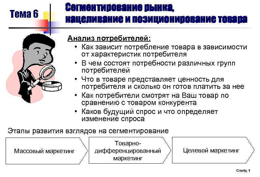 Тема 6 Сегментирование рынка, нацеливание и позиционирование товара Анализ потребителей: • Как зависит потребление