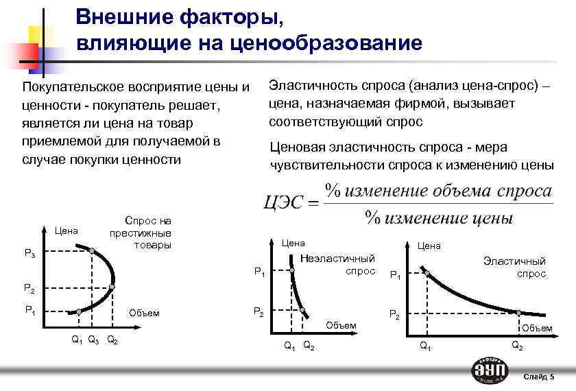 Внешние факторы, влияющие на ценообразование Эластичность спроса (анализ цена-спрос) – цена, назначаемая фирмой, вызывает