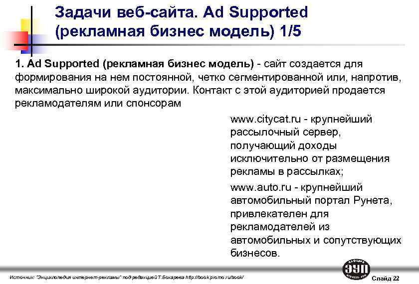 Задачи веб-сайта. Ad Supported (рекламная бизнес модель) 1/5 1. Ad Supported (рекламная бизнес модель)