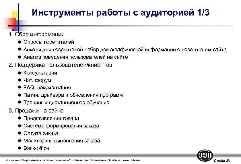 Инструменты работы с аудиторией 1/3 1. Сбор информации Опросы посетителей Анкеты для посетителей -