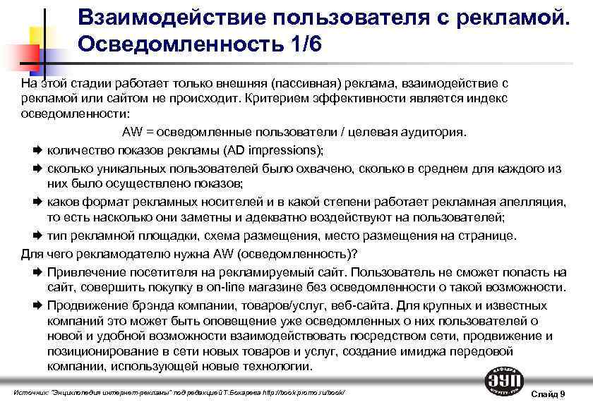 Взаимодействие пользователя с рекламой. Осведомленность 1/6 На этой стадии работает только внешняя (пассивная) реклама,