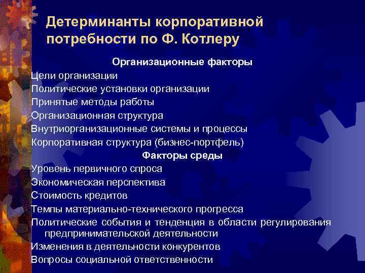 Детерминанты корпоративной потребности по Ф. Котлеру Организационные факторы Цели организации Политические установки организации Принятые