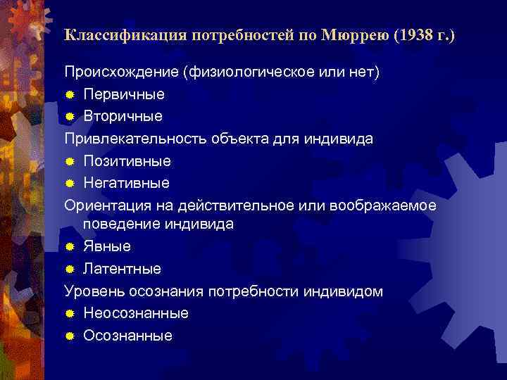 Классификация потребностей по Мюррею (1938 г. ) Происхождение (физиологическое или нет) ® Первичные ®