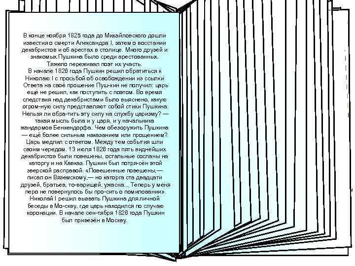 Михайловское В конце ноября 1825 года до Михайловского дошли известия о смерти Александра I,
