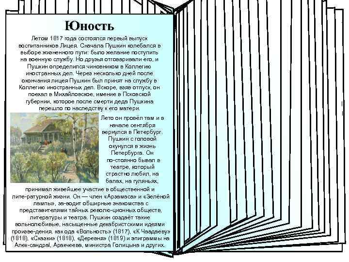 Юность парапвкпеорк Родители писателя Летом 1817 года состоялся первый выпуск воспитанников Лицея. Сначала Пушкин
