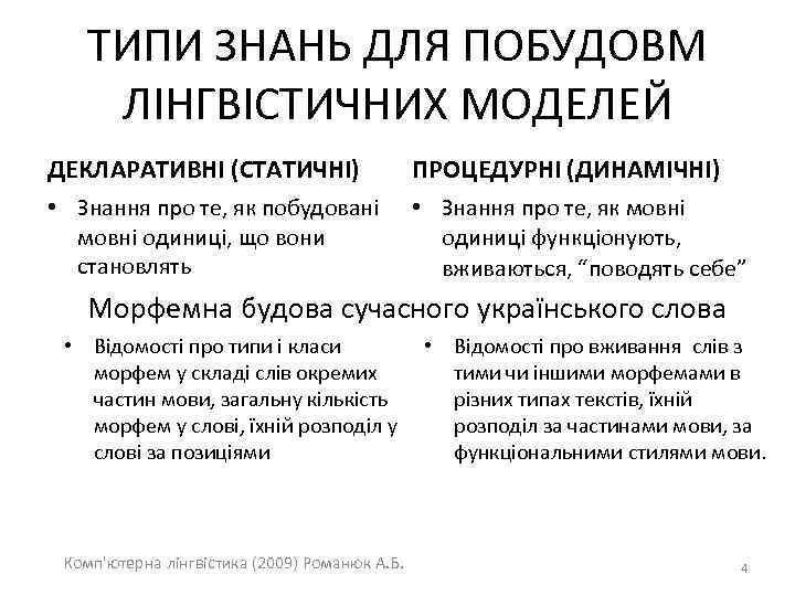 ТИПИ ЗНАНЬ ДЛЯ ПОБУДОВМ ЛІНГВІСТИЧНИХ МОДЕЛЕЙ ДЕКЛАРАТИВНІ (СТАТИЧНІ) ПРОЦЕДУРНІ (ДИНАМІЧНІ) • Знання про те,