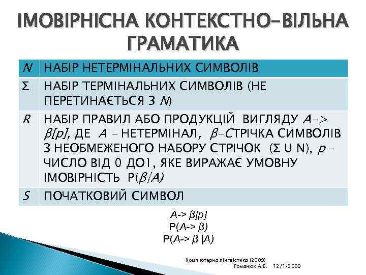 ІМОВІРНІСНА КОНТЕКСТНО-ВІЛЬНА ГРАМАТИКА Ν НАБІР НЕТЕРМІНАЛЬНИХ СИМВОЛІВ Σ R S НАБІР ТЕРМІНАЛЬНИХ СИМВОЛІВ (НЕ