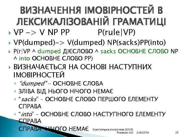 ВИЗНАЧЕННЯ ІМОВІРНОСТЕЙ В ЛЕКСИКАЛІЗОВАНІЙ ГРАМАТИЦІ VP -> V NP PP P(rule|VP) VP(dumped)-> V(dumped) NP(sacks)PP(into)