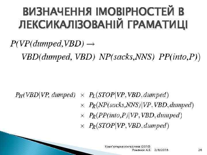 ВИЗНАЧЕННЯ ІМОВІРНОСТЕЙ В ЛЕКСИКАЛІЗОВАНІЙ ГРАМАТИЦІ Комп'ютерна лінгвістика (2010) Романюк А. Б. 2/8/2018 28 