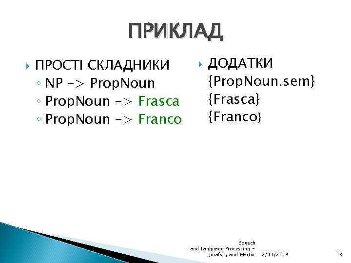 ПРИКЛАД ПРОСТІ СКЛАДНИКИ ◦ NP -> Prop. Noun ◦ Prop. Noun -> Frasca ◦