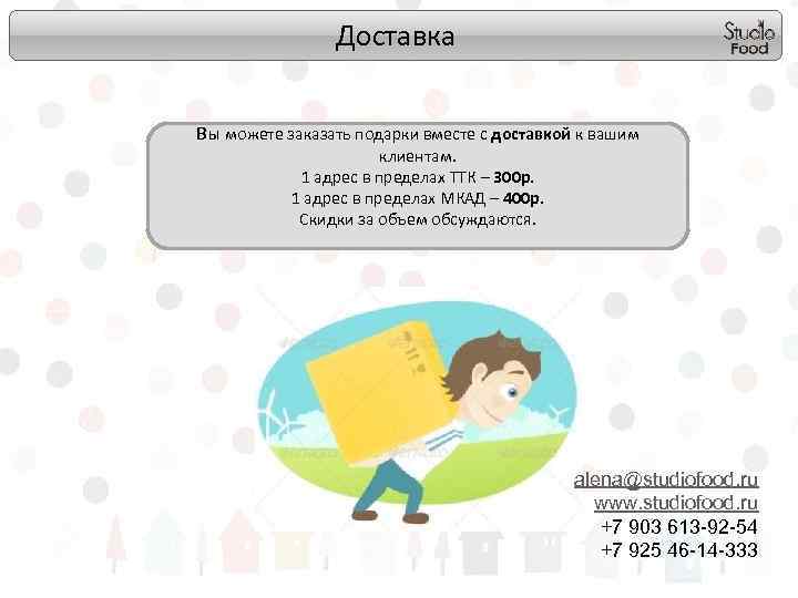 Доставка Вы можете заказать подарки вместе с доставкой к вашим клиентам. 1 адрес в