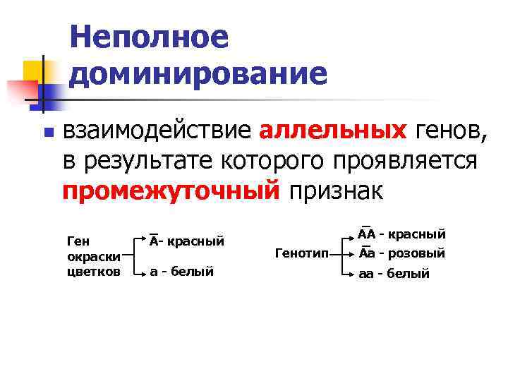 Неполное доминирование n взаимодействие аллельных генов, в результате которого проявляется промежуточный признак Ген окраски