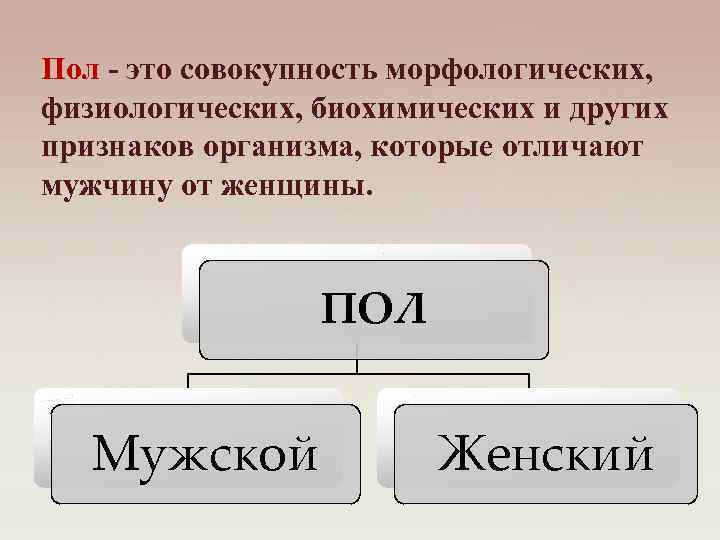 Пол - это совокупность морфологических, физиологических, биохимических и других признаков организма, которые отличают мужчину