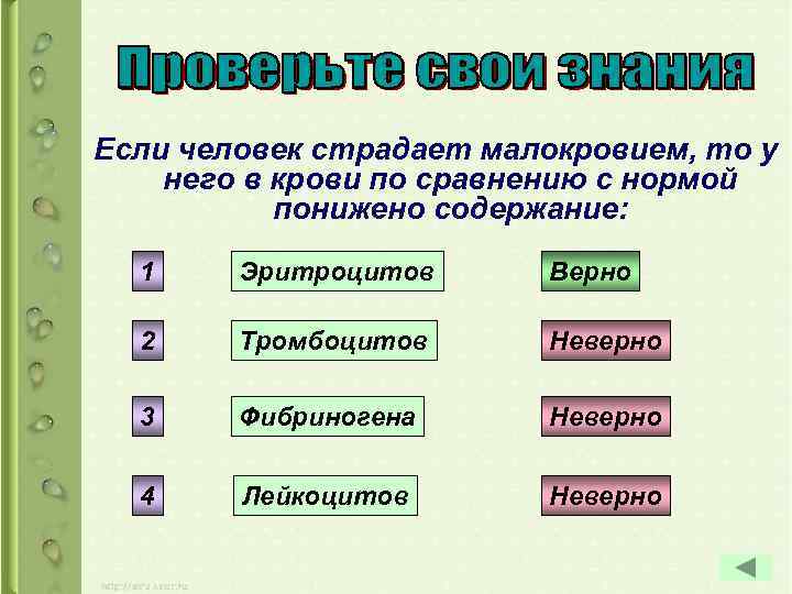 Если человек страдает малокровием, то у него в крови по сравнению с нормой понижено