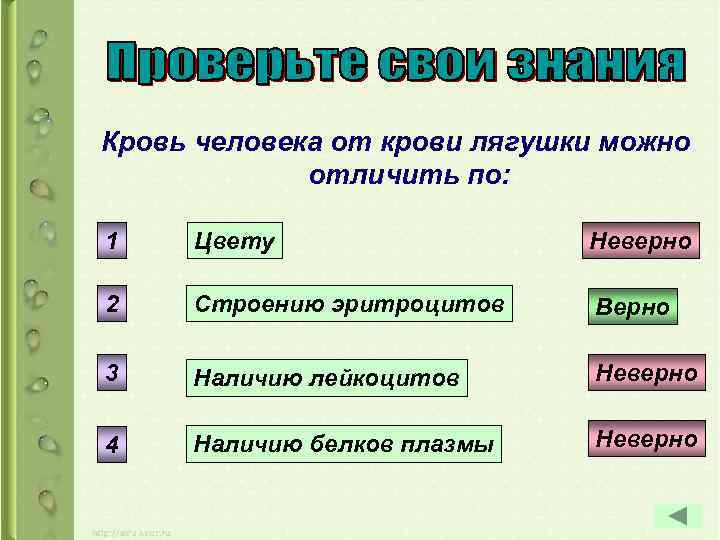Кровь человека от крови лягушки можно отличить по: 1 Цвету Неверно 2 Строению эритроцитов