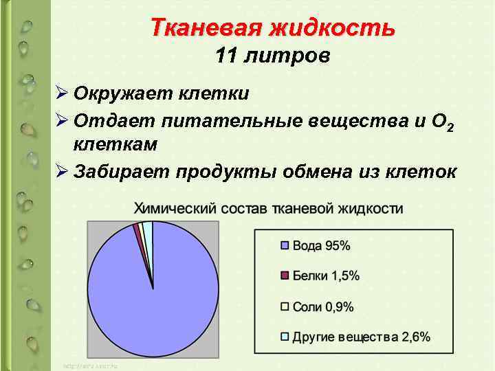 Тканевая жидкость 11 литров Ø Окружает клетки Ø Отдает питательные вещества и О 2