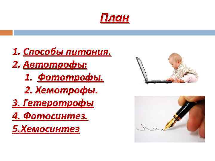  План 1. Способы питания. 2. Автотрофы: 1. Фототрофы. 2. Хемотрофы. 3. Гетеротрофы 4.