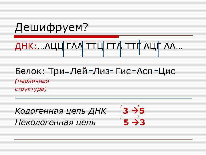 Дешифруем? ДНК: …АЦЦ ГАА ТТЦ ГТА ТТГ АЦГ АА… Белок: Три Лей Лиз Гис