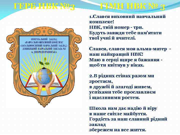 ГЕРБ НВК № 3 ГІМН НВК № 3 1. Слався виховний навчальний комплекс! НВК,